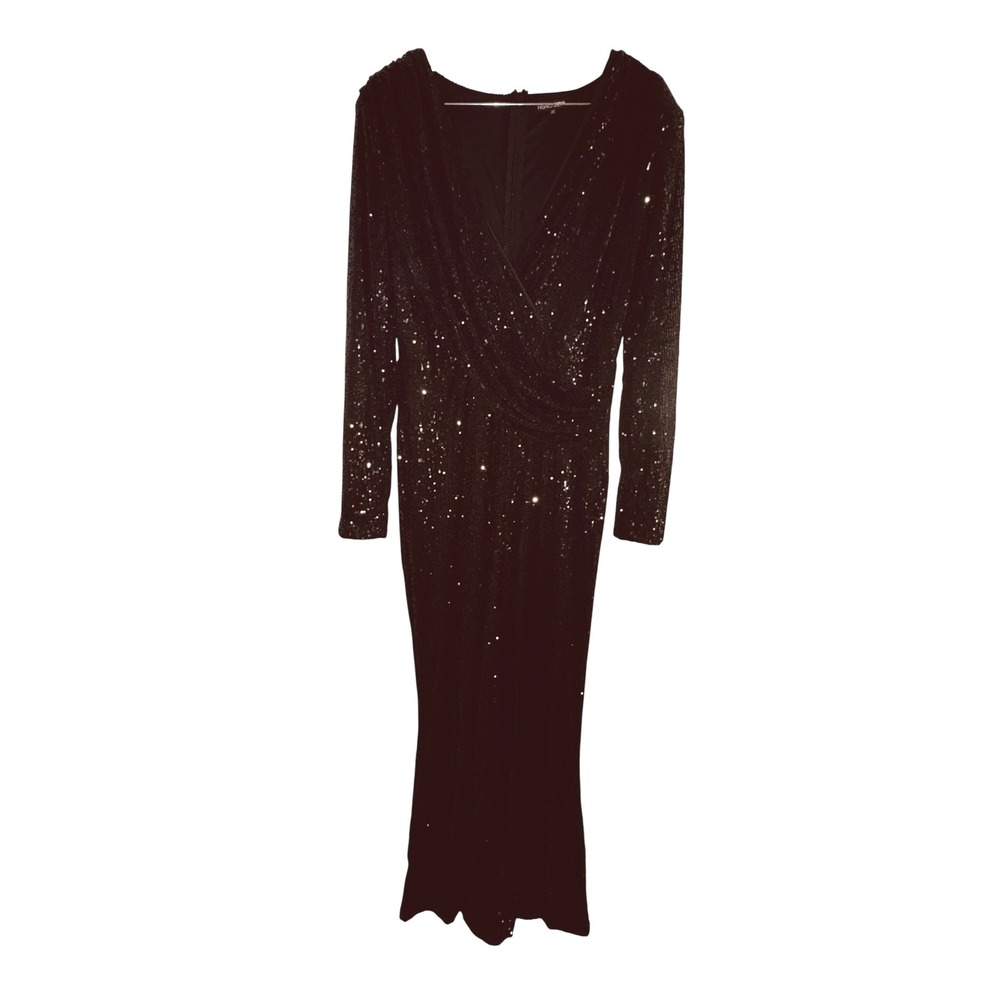 Fashion Nova Womens 1X Black Sequin Long‎ Sleeve Wrap V-Neck Wide Leg Jumpsuit